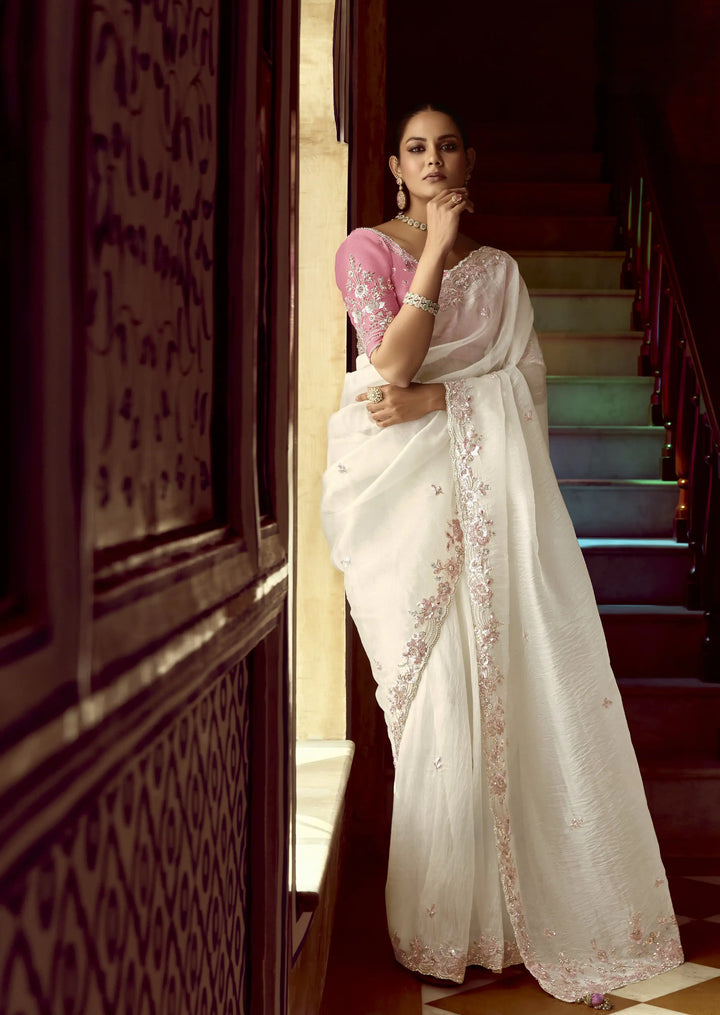 Stylish White Fancy Saree with Sequins Work for Festivals