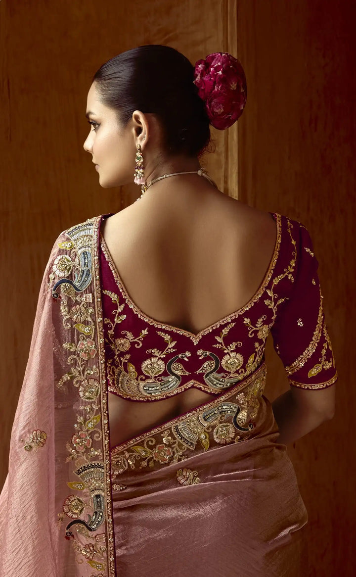Luxurious Dusty Pink Saree with Sequins & Thread Work for Weddings
