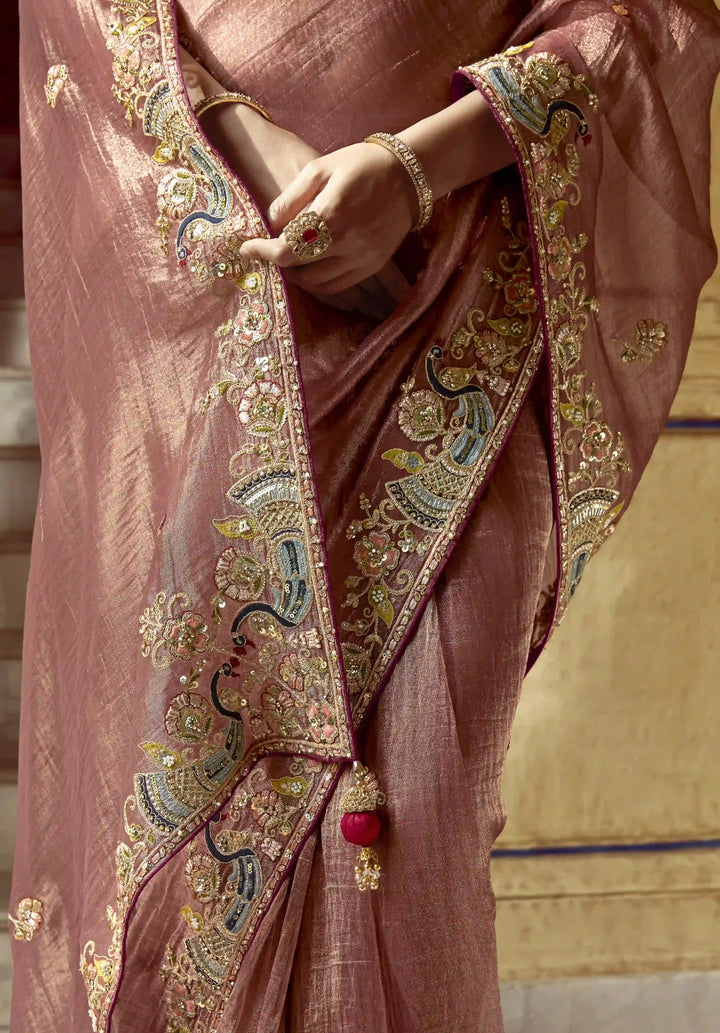 Luxurious Dusty Pink Saree with Sequins & Thread Work for Weddings
