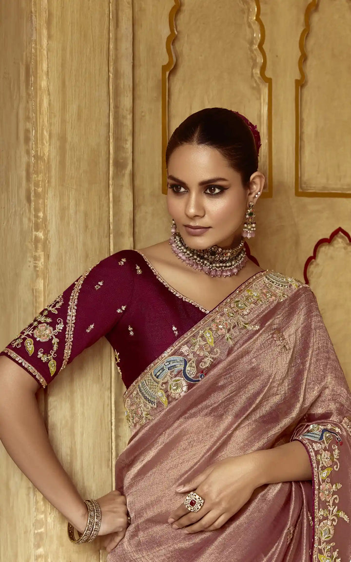 Luxurious Dusty Pink Saree with Sequins & Thread Work for Weddings