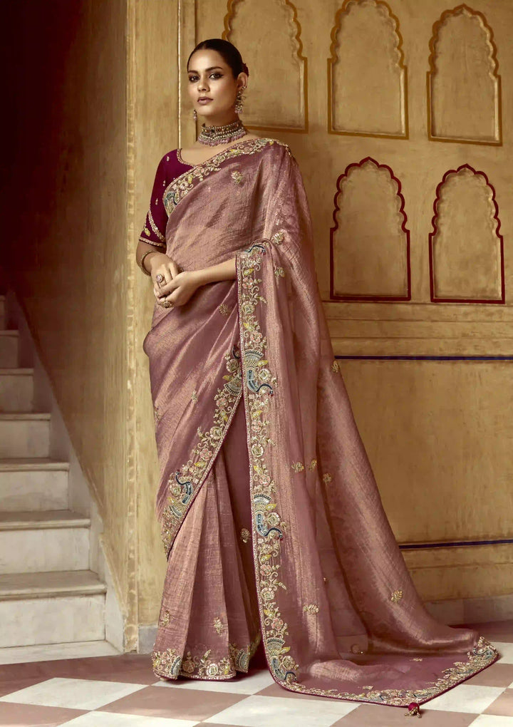 Luxurious Dusty Pink Saree with Sequins & Thread Work for Weddings