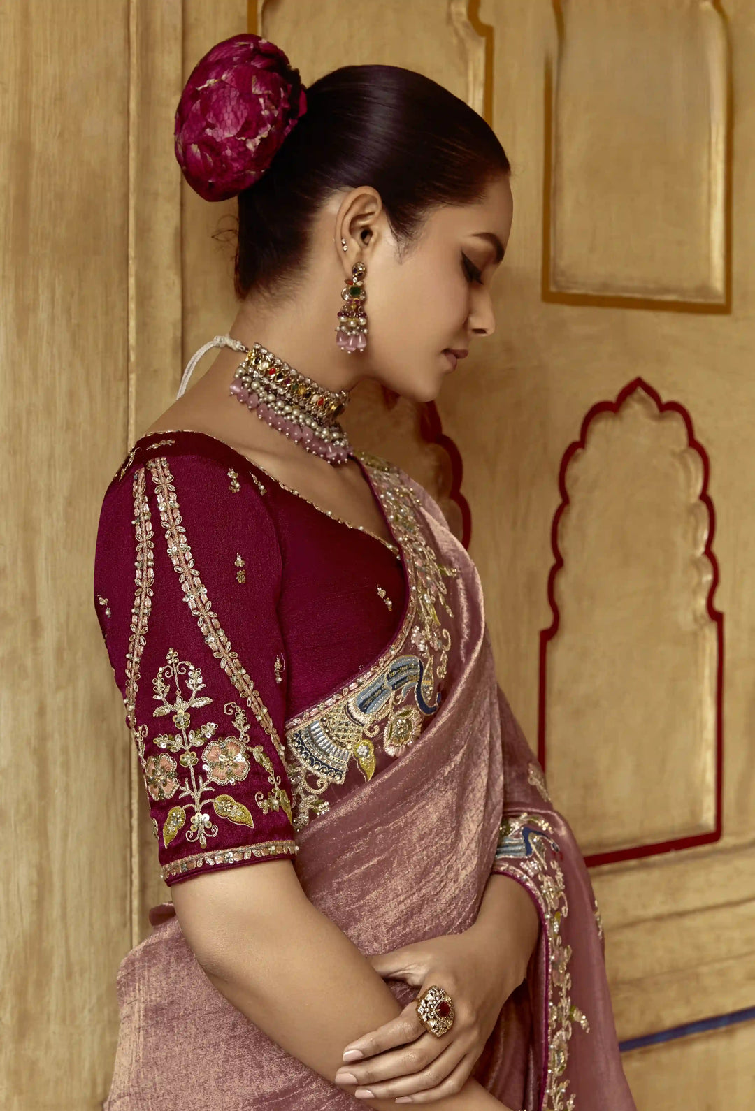 Luxurious Dusty Pink Saree with Sequins & Thread Work for Weddings