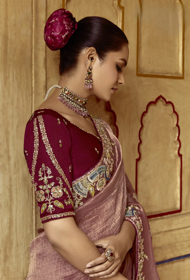 Luxurious Dusty Pink Saree with Sequins & Thread Work for Weddings