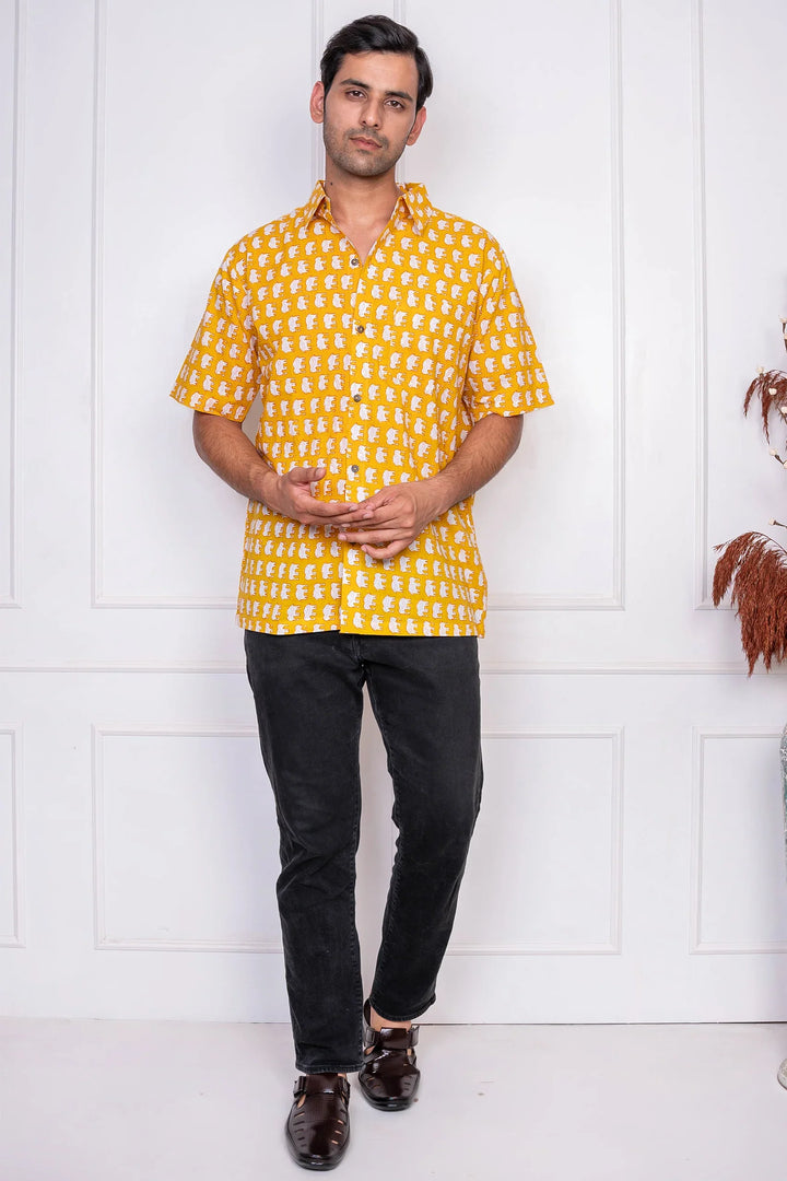 Mustard Elephant Printed Kaftan With Matching Shirt Family set