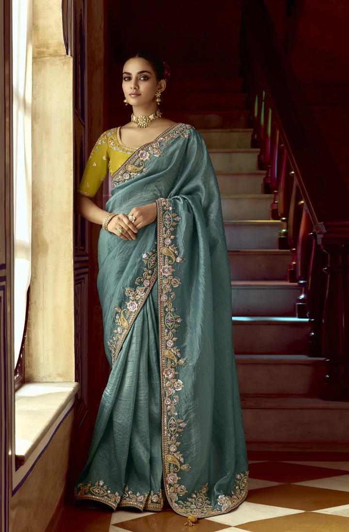 Elegant Light Blue Saree with Sequins & Thread Work for Party Wear