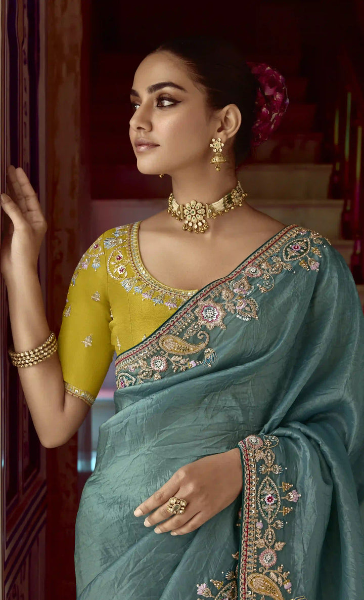 Elegant Light Blue Saree with Sequins & Thread Work for Party Wear