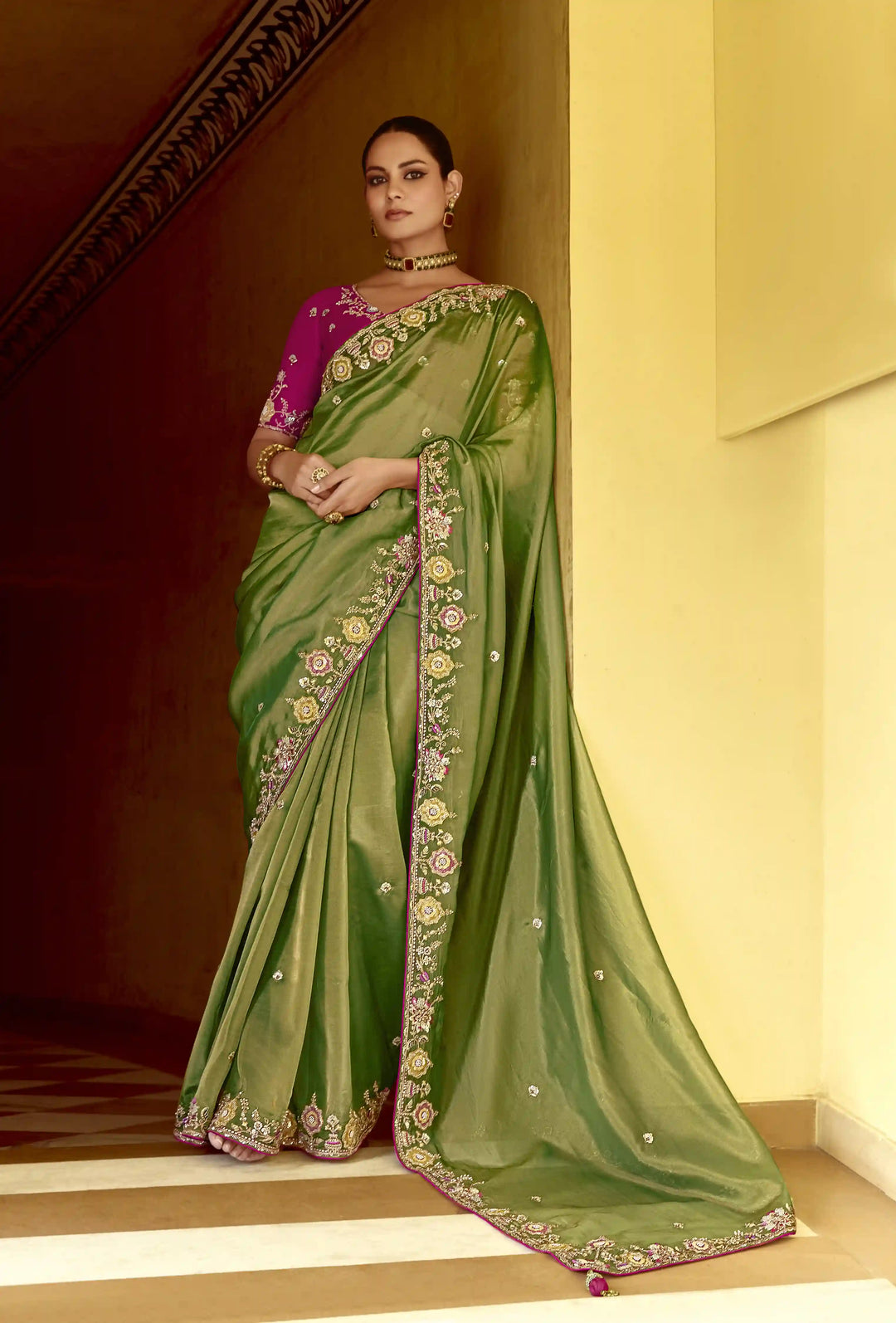 Luxurious Pista Green Saree Fancy Embroidered Work for Parties