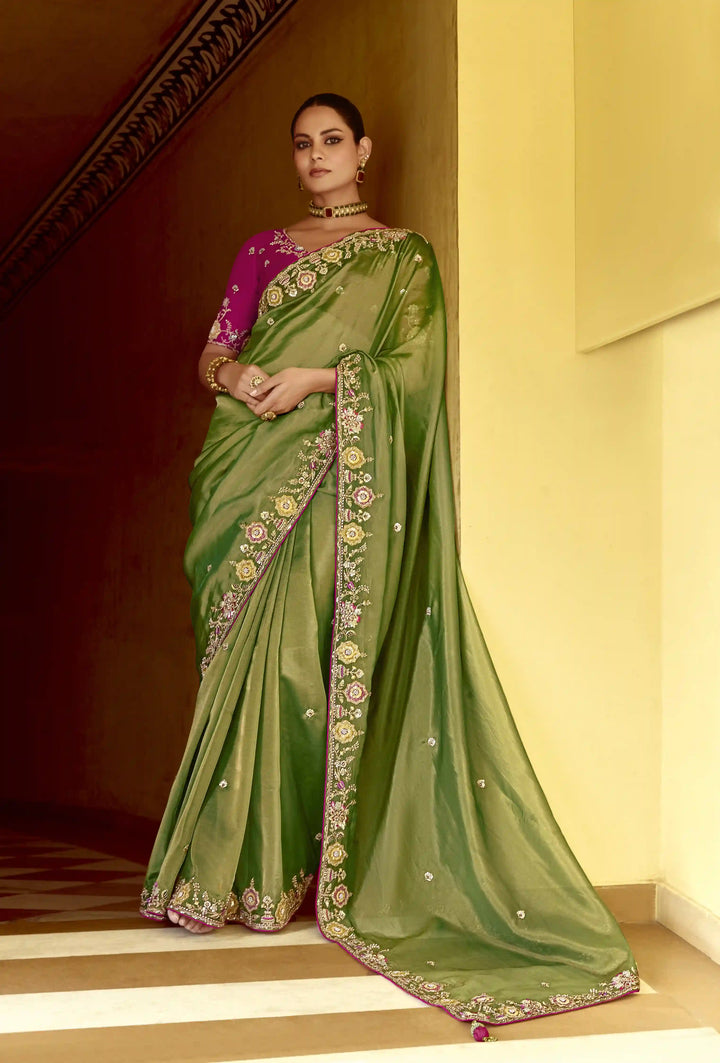 Luxurious Pista Green Saree Fancy Embroidered Work for Parties