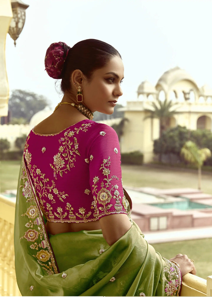 Luxurious Pista Green Saree Fancy Embroidered Work for Parties