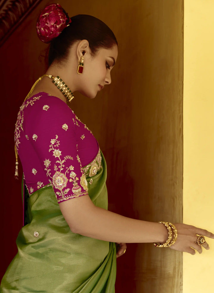 Luxurious Pista Green Saree Fancy Embroidered Work for Parties