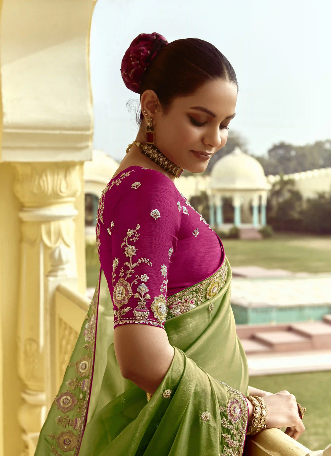 Luxurious Pista Green Saree Fancy Embroidered Work for Parties