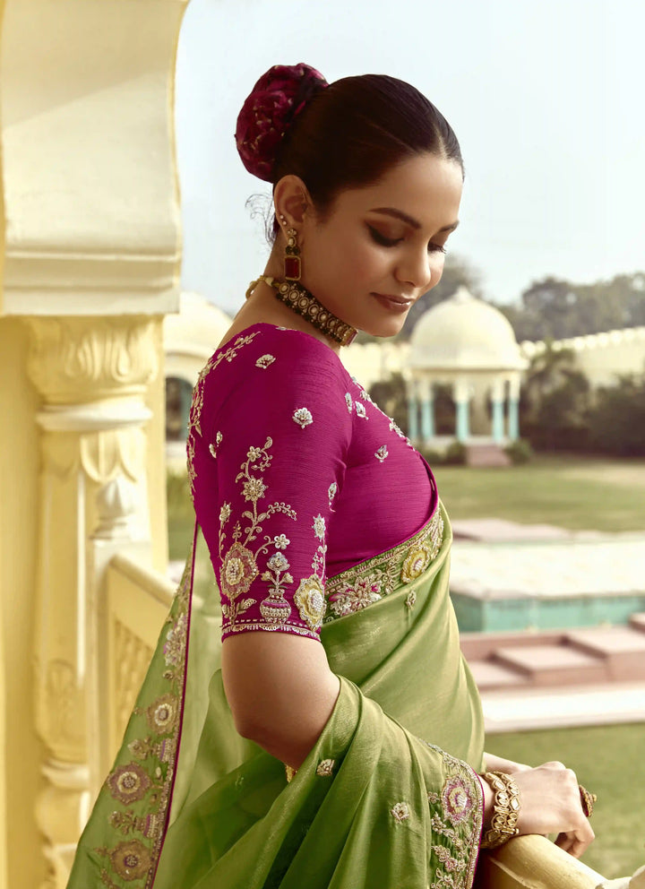 Luxurious Pista Green Saree Fancy Embroidered Work for Parties