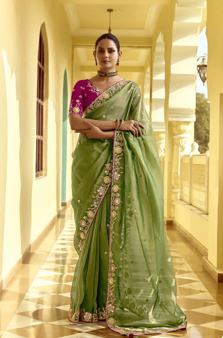 Luxurious Pista Green Saree Fancy Embroidered Work for Parties