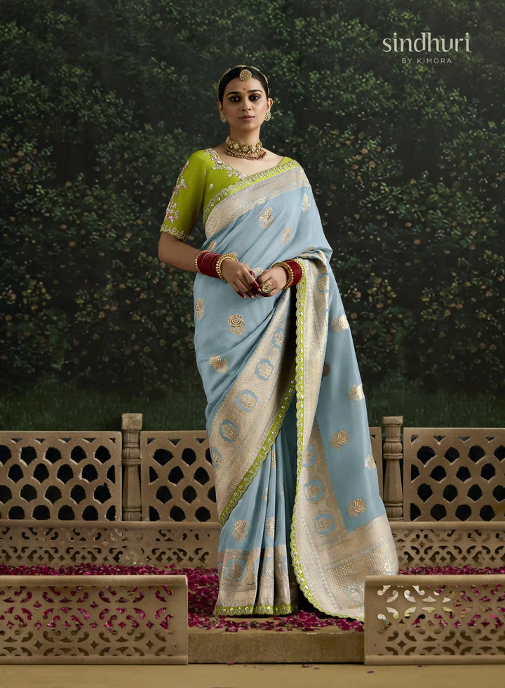 Designer Light Blue Saree in Dola Silk for Wedding & Festive Look