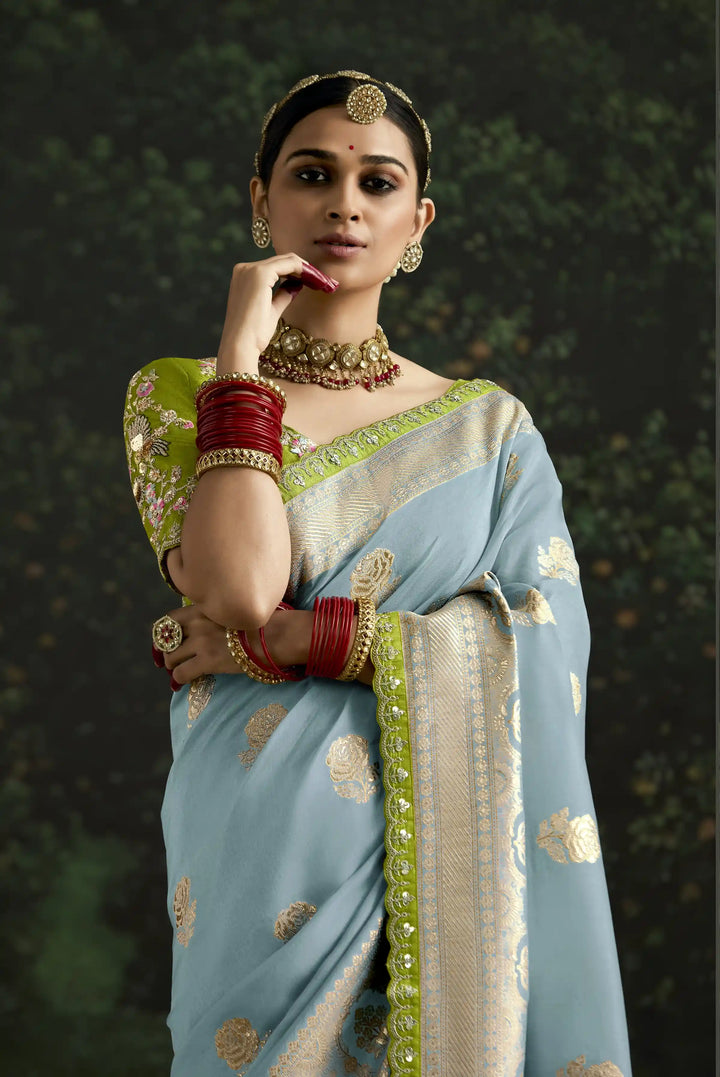 Designer Light Blue Saree in Dola Silk for Wedding & Festive Look