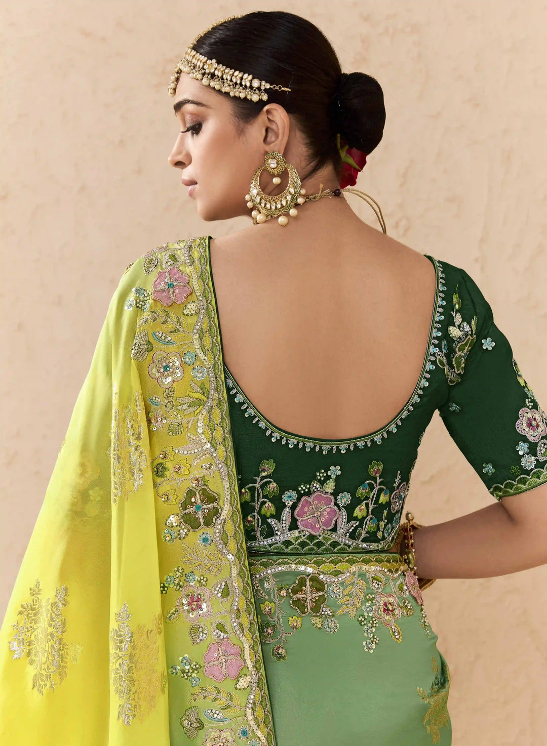 Stylish Green Saree with Stone, Pearl & Zari Details