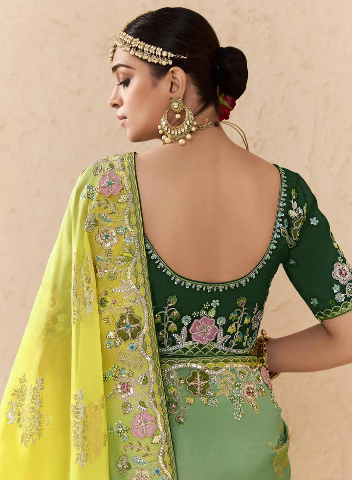 Stylish Green Saree with Stone, Pearl & Zari Details