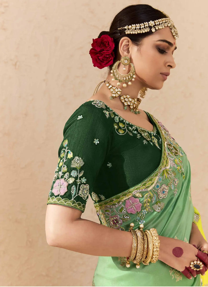 Stylish Green Saree with Stone, Pearl & Zari Details