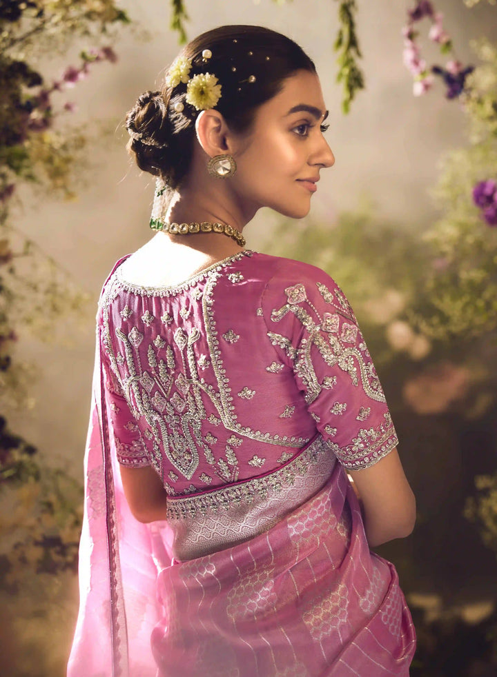 Gorgeous Pink Banarasi Saree with Silk Blouse for Festive Glam