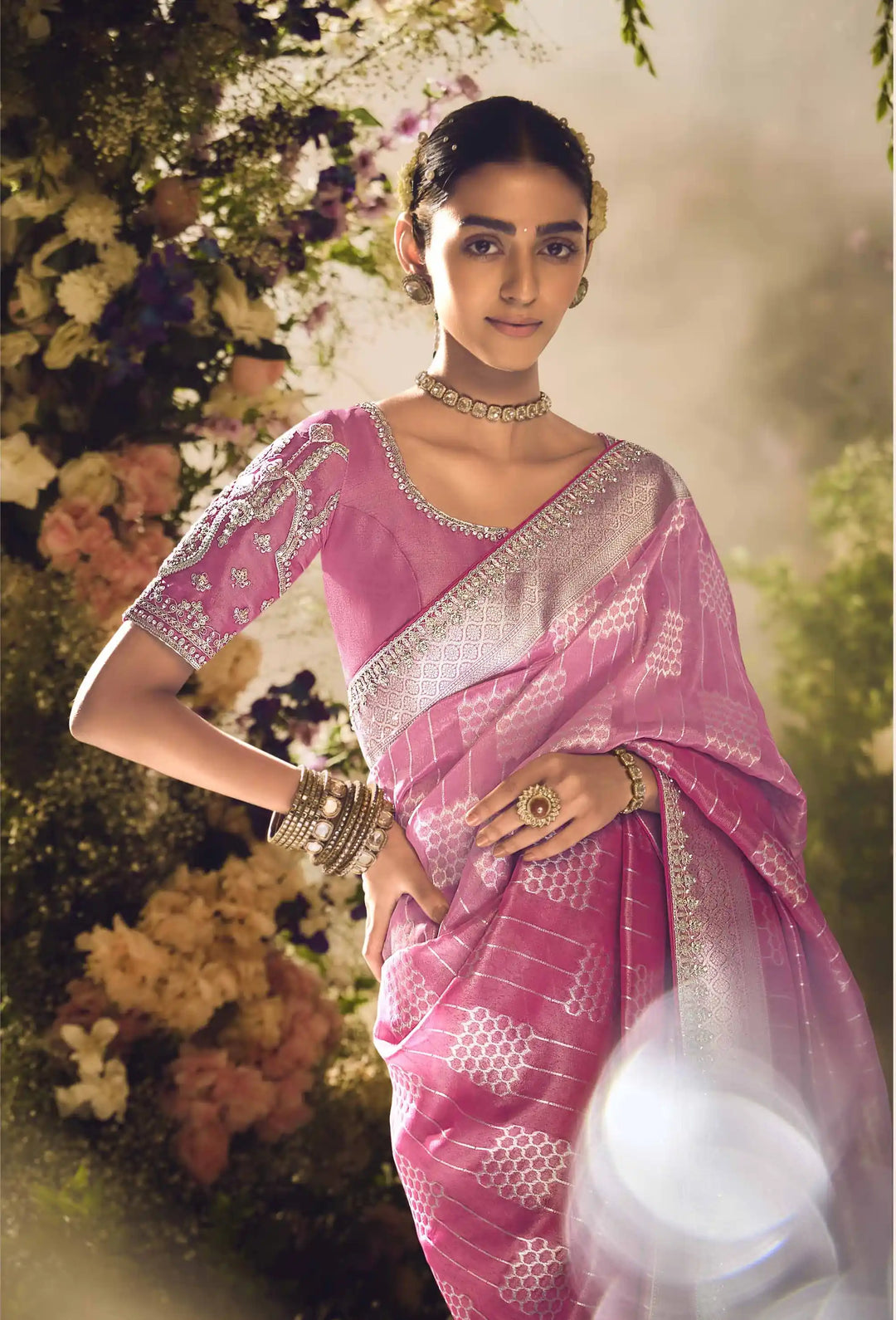 Gorgeous Pink Banarasi Saree with Silk Blouse for Festive Glam