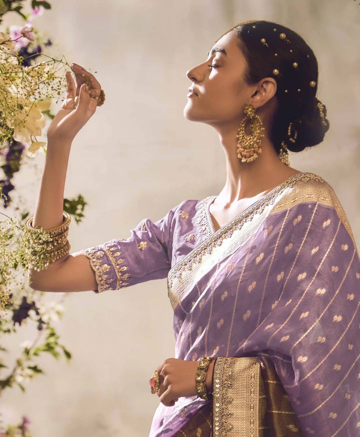 Stylish Purple Saree with Zari Weaving & Sequin Work