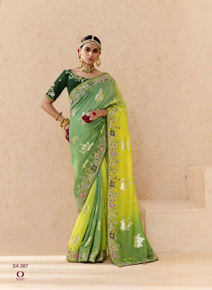 Stylish Green Saree with Stone, Pearl & Zari Details