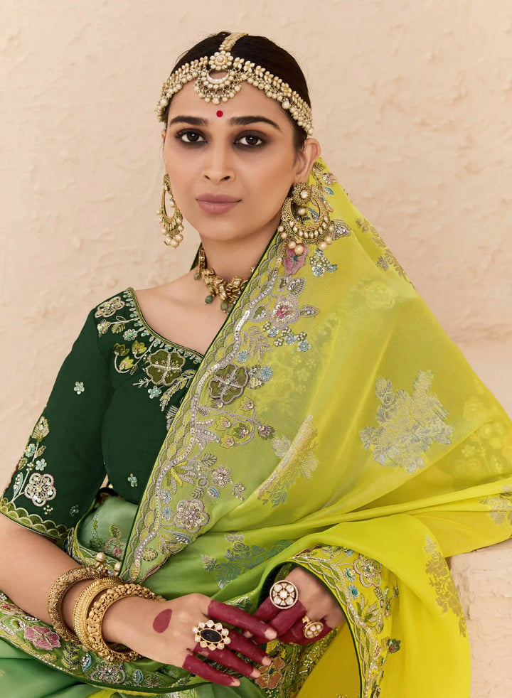Stylish Green Saree with Stone, Pearl & Zari Details
