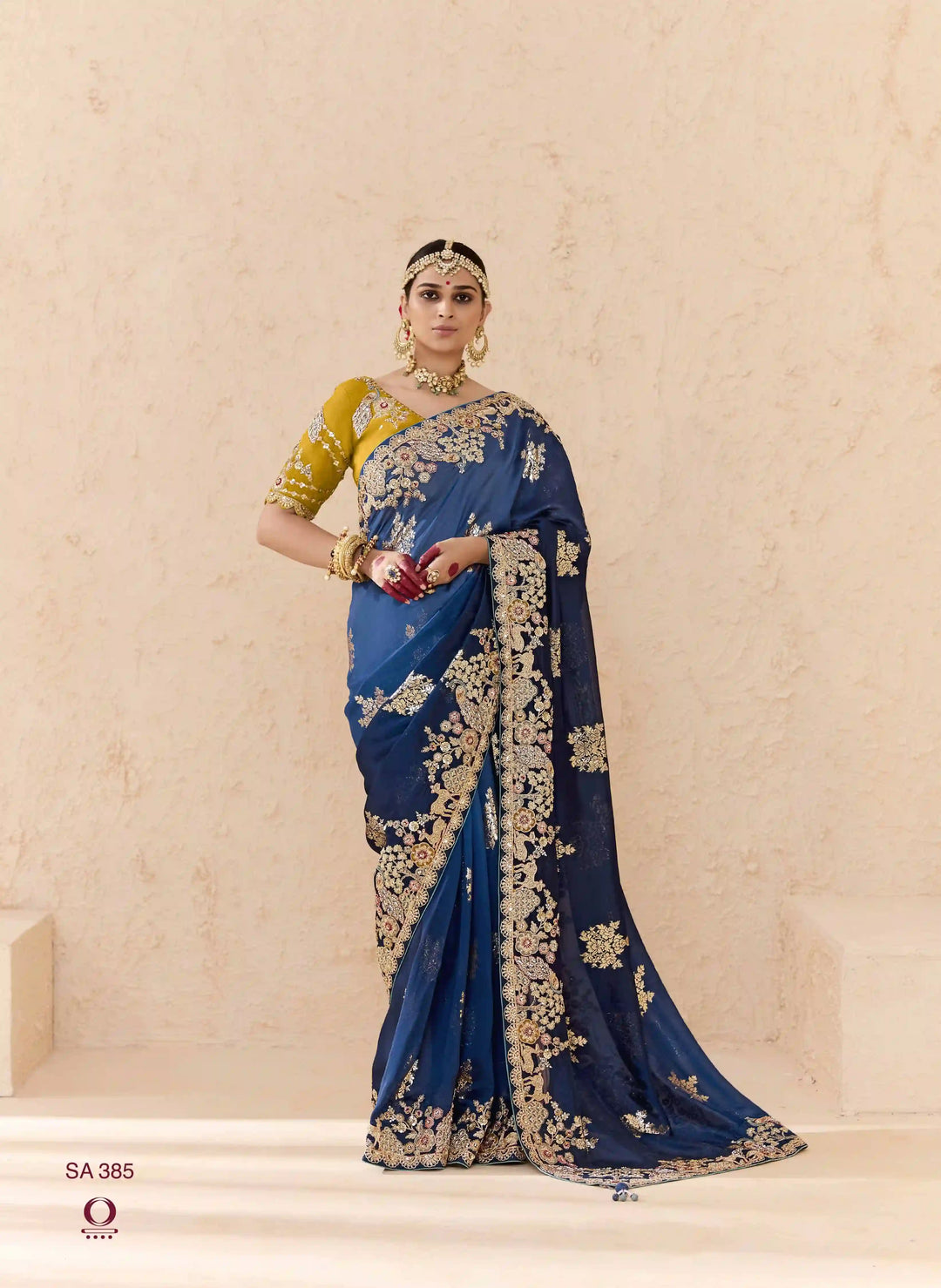 Elegant Navy Saree with Embroidery, Pearls & Zari Work
