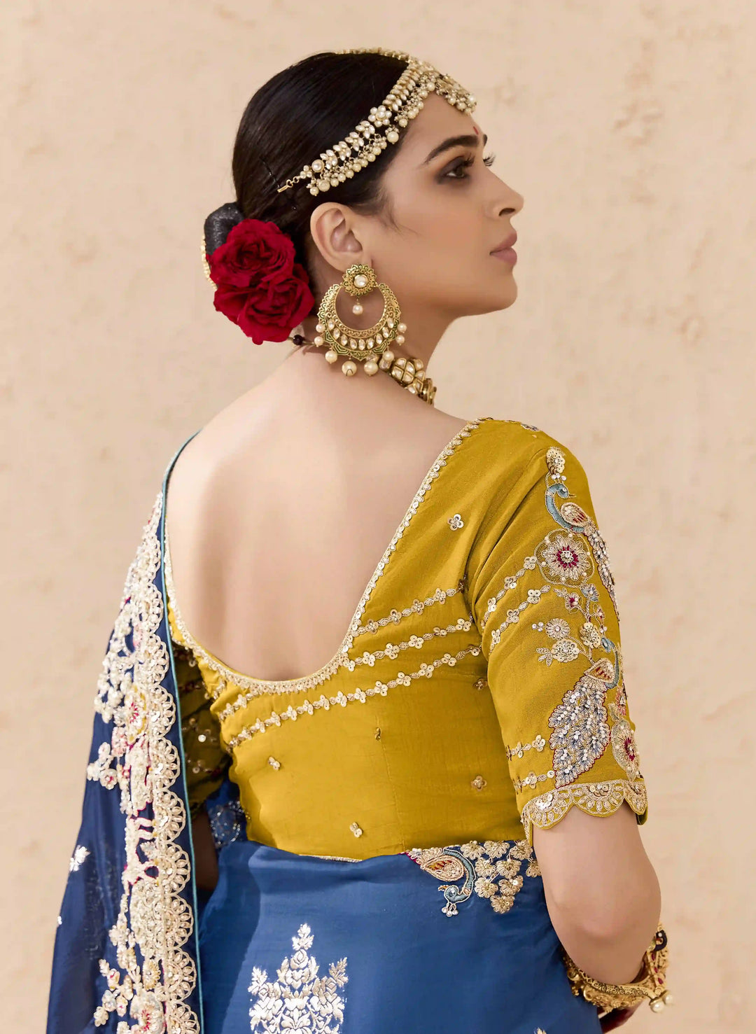 Elegant Navy Saree with Embroidery, Pearls & Zari Work