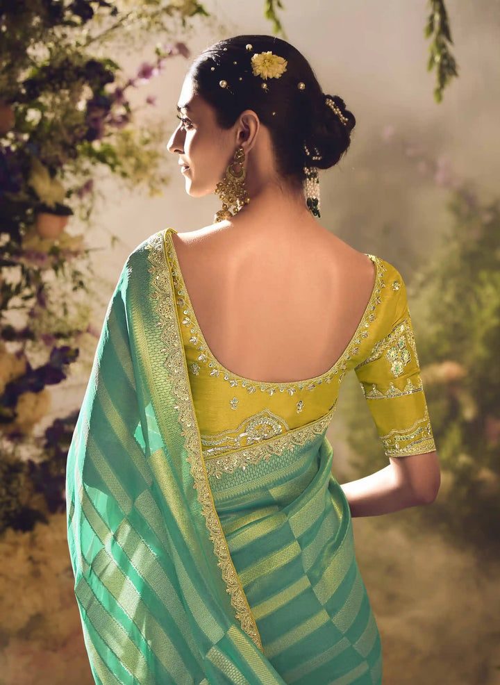 Graceful Aqua Banarasi Silk Saree with Embroidered Work