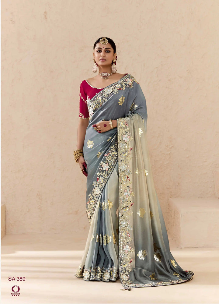 Trendy Light Gray Saree with Khatli, Pearl & Zari Details