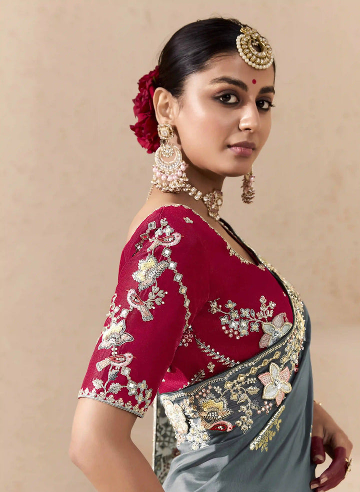 Trendy Light Gray Saree with Khatli, Pearl & Zari Details