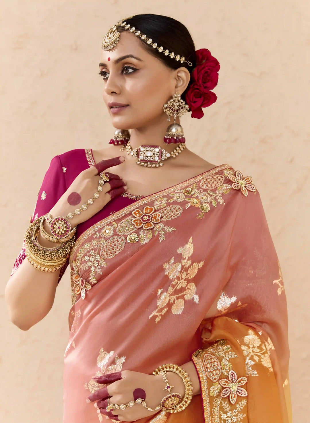 Glamorous Fancy Saree in Orange with Zari & Stone Embroidery