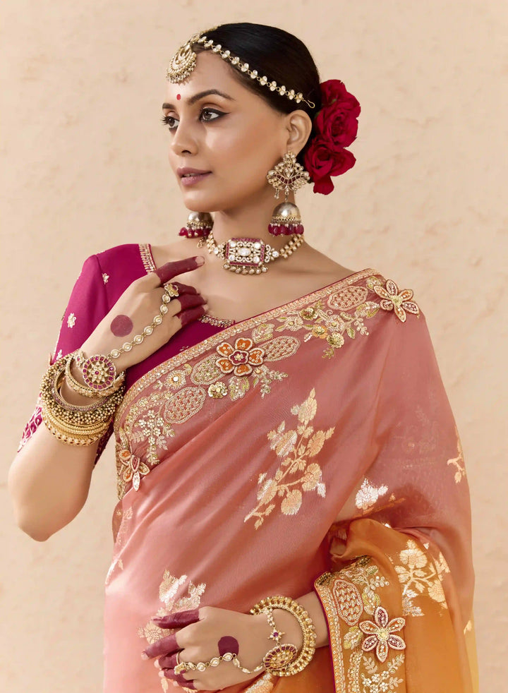 Glamorous Fancy Saree in Orange with Zari & Stone Embroidery