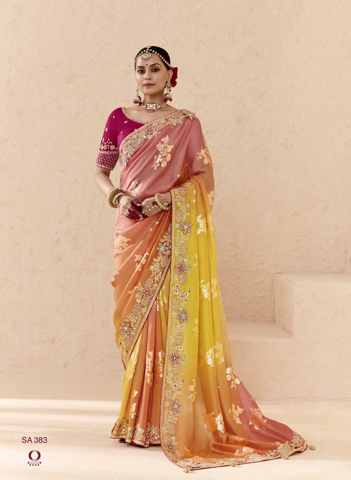 Glamorous Fancy Saree in Orange with Zari & Stone Embroidery