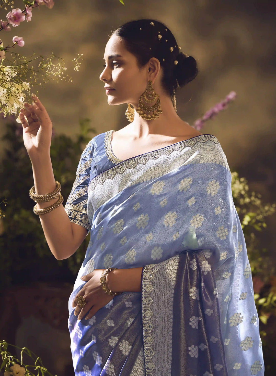 Luxury Light Gray Saree with Sequence & Zari Embroidery