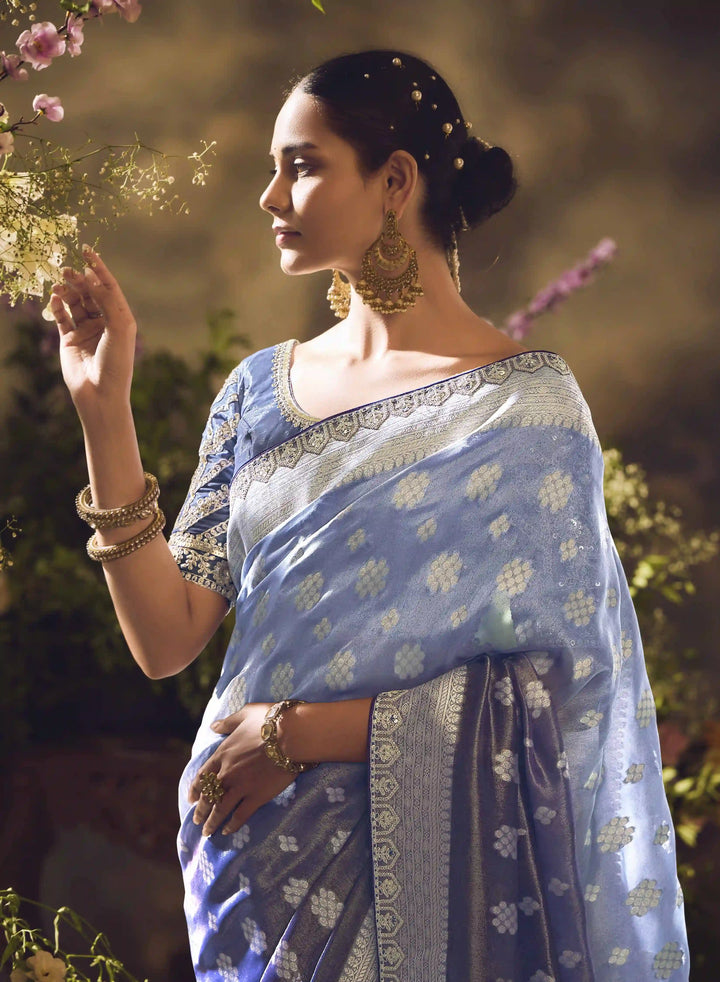 Luxury Light Gray Saree with Sequence & Zari Embroidery