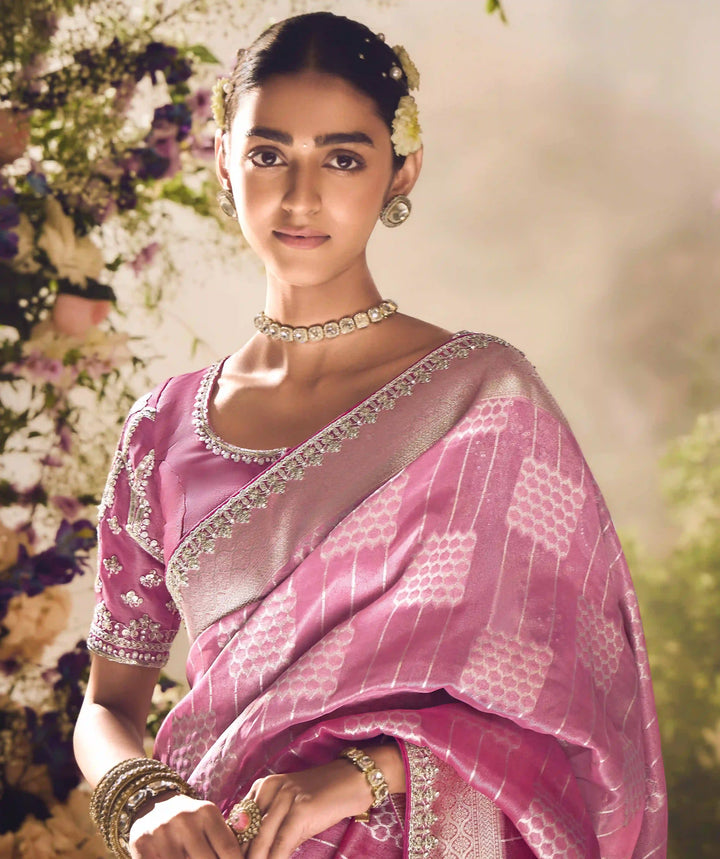 Gorgeous Pink Banarasi Saree with Silk Blouse for Festive Glam
