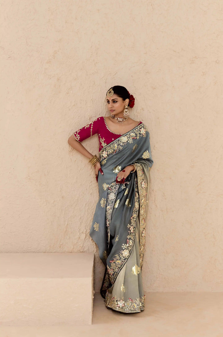 Trendy Light Gray Saree with Khatli, Pearl & Zari Details