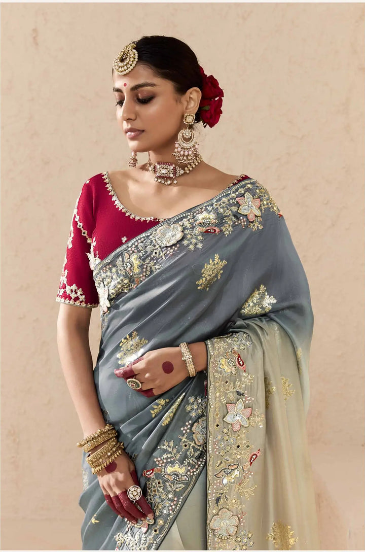 Trendy Light Gray Saree with Khatli, Pearl & Zari Details