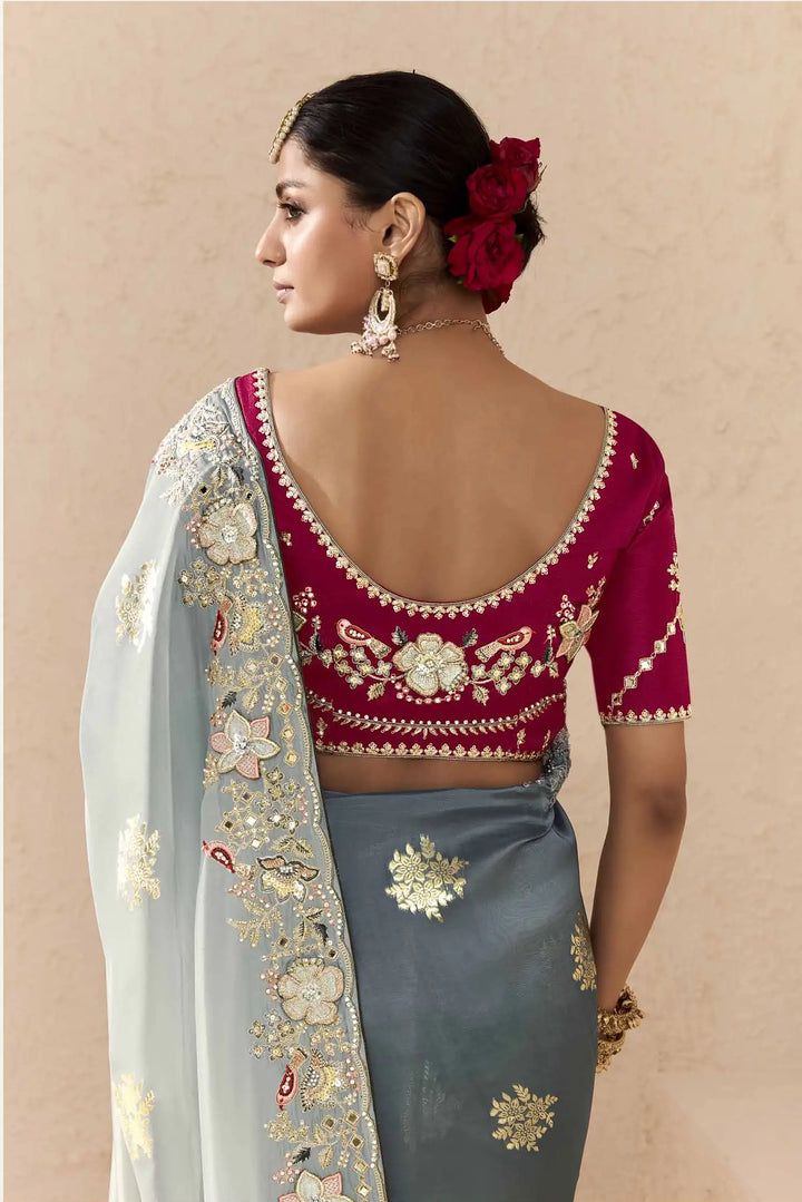 Trendy Light Gray Saree with Khatli, Pearl & Zari Details