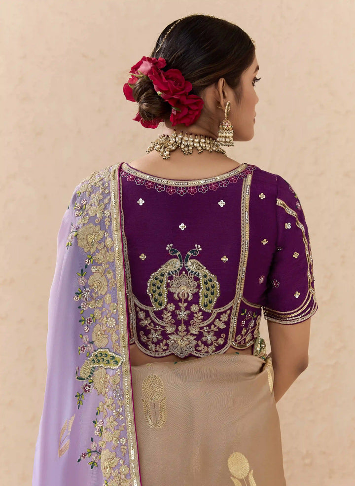 Lavender Fancy Saree with Zari Weaving & Elegant Embroidery