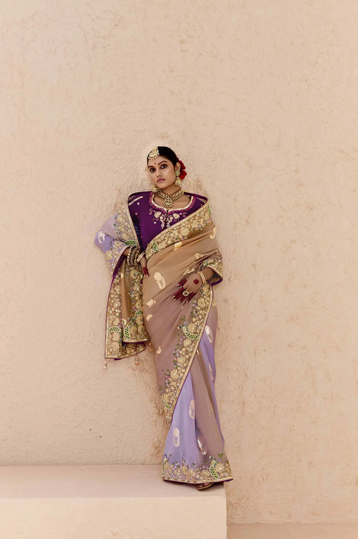 Lavender Fancy Saree with Zari Weaving & Elegant Embroidery