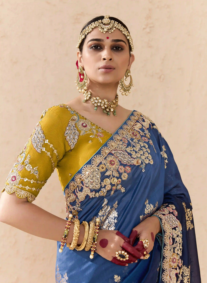 Elegant Navy Saree with Embroidery, Pearls & Zari Work