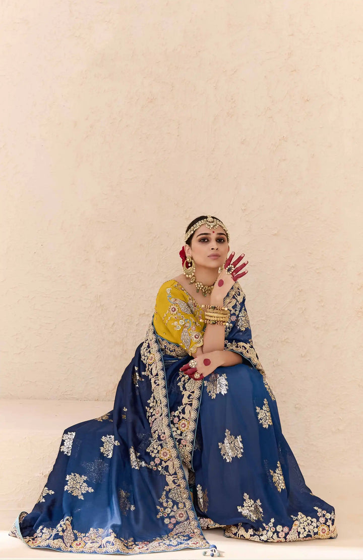 Elegant Navy Saree with Embroidery, Pearls & Zari Work