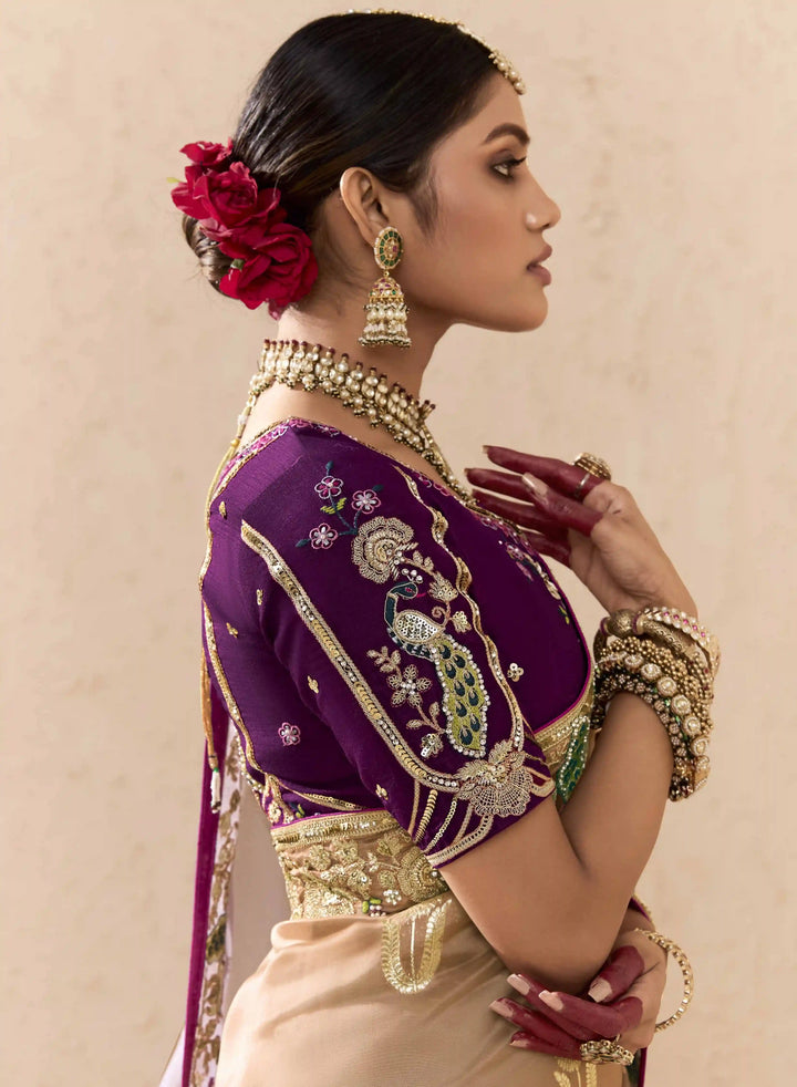 Lavender Fancy Saree with Zari Weaving & Elegant Embroidery