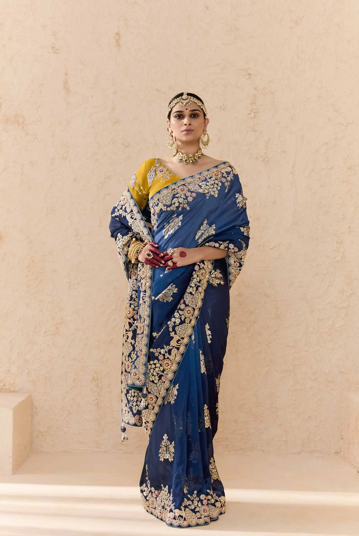 Elegant Navy Saree with Embroidery, Pearls & Zari Work