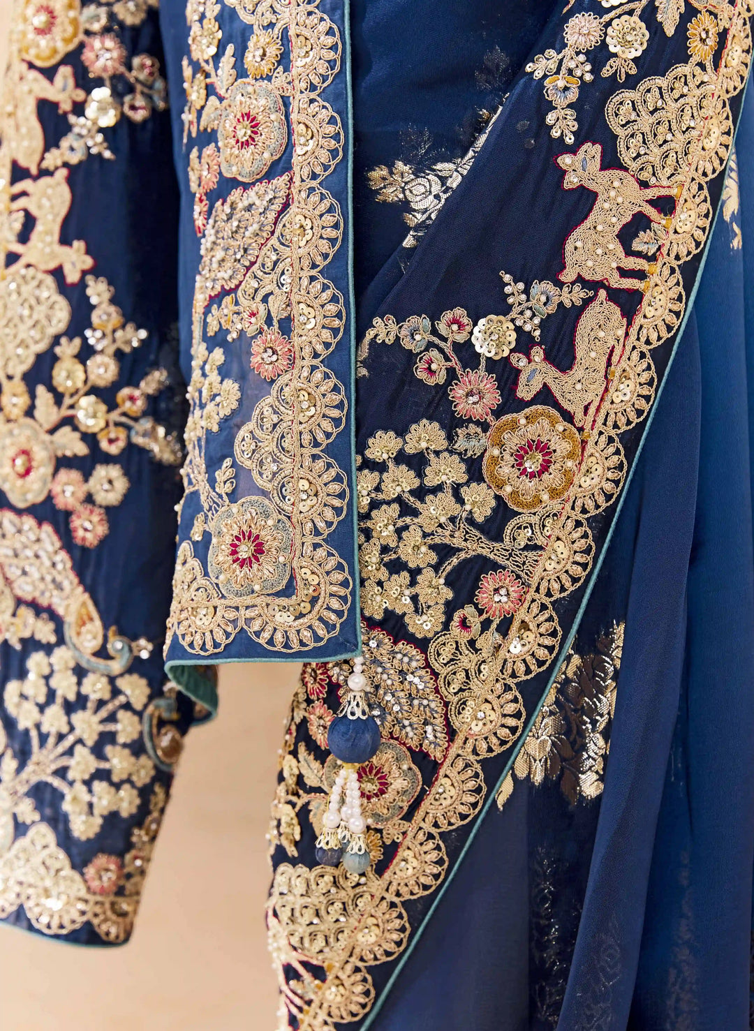 Elegant Navy Saree with Embroidery, Pearls & Zari Work