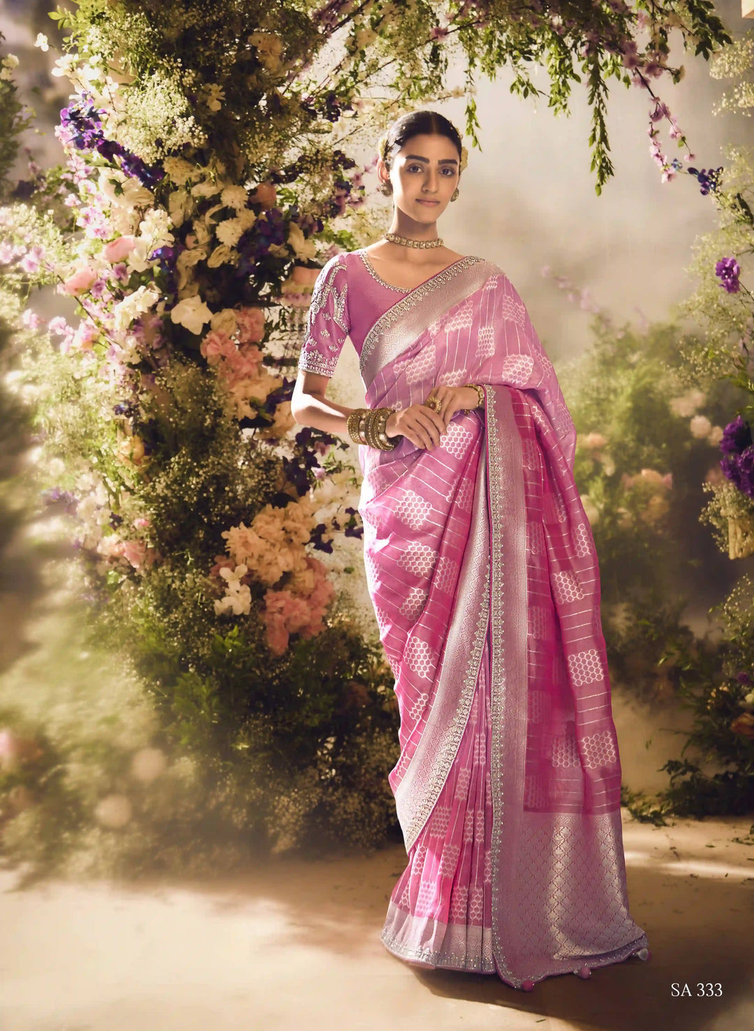 Gorgeous Pink Banarasi Saree with Silk Blouse for Festive Glam