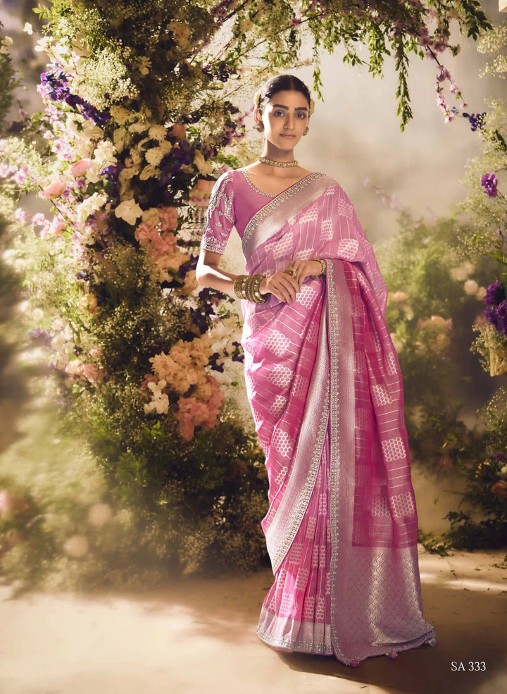 Gorgeous Pink Banarasi Saree with Silk Blouse for Festive Glam